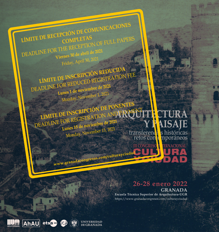 Entre el 26 y el 28 de enero de 2022 se celebrará en la ETS Arquitectura de la Universidad de Granada el Congreso Internacional "Arquitectura y Paisaje. Transferencias históricas, retos contemporáneos". Organizado por el área de Composición Arquitectónica y el Grupo de Investigación "Arquitectura y Cultura Contemporánea" de la Universidad de Granada, constituye la tercera convocatoria de los Congresos Internacionales "Cultura y Ciudad" Entre el 26 y el 28 de enero de 2022 se celebrará en la ETS Arquitectura de la Universidad de Granada el Congreso Internacional "Arquitectura y Paisaje. Transferencias históricas, retos contemporáneos". Organizado por el área de Composición Arquitectónica y el Grupo de Investigación "Arquitectura y Cultura Contemporánea" de la Universidad de Granada, constituye la tercera convocatoria de los Congresos Internacionales "Cultura y Ciudad"